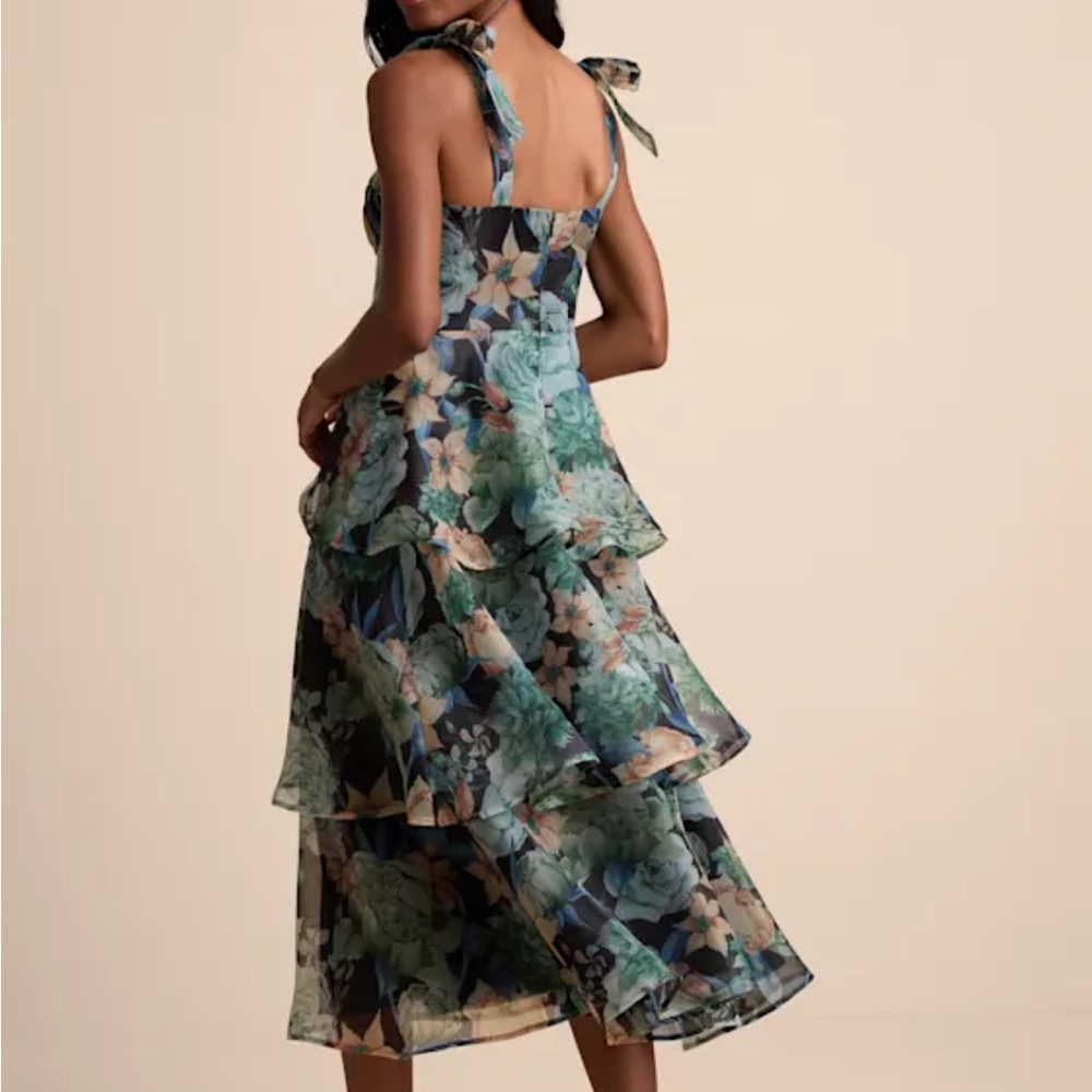 Lulus Playfully Posh Black Floral Organza Tie-strap Tiered Midi Dress - Size M - Picture 3 of 3